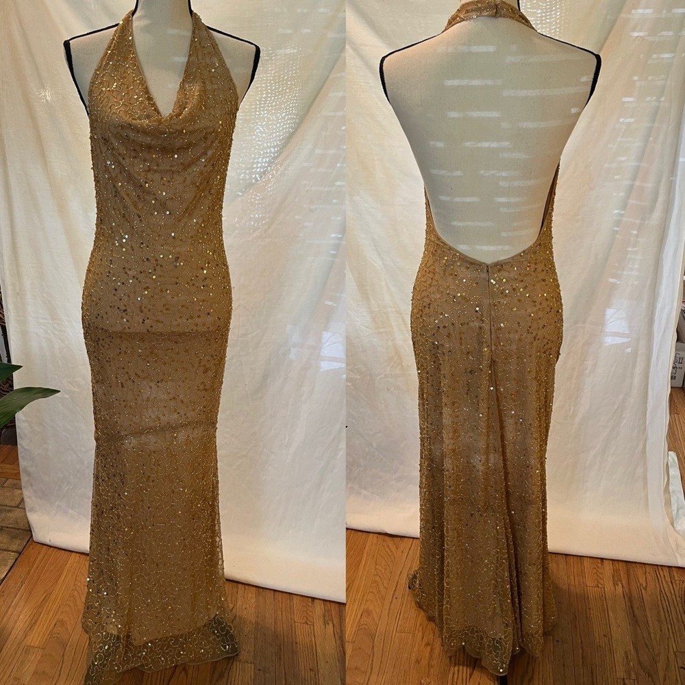 Vintage Y2K gold sequin✨ beaded cowl halter neck open back gown 🪐